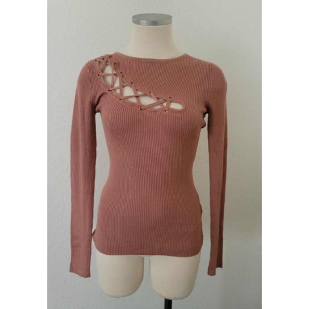 VTG Y2K Guess Pink Ribbed Lace Up Long Sleeve Sweater Top Women Size M‎